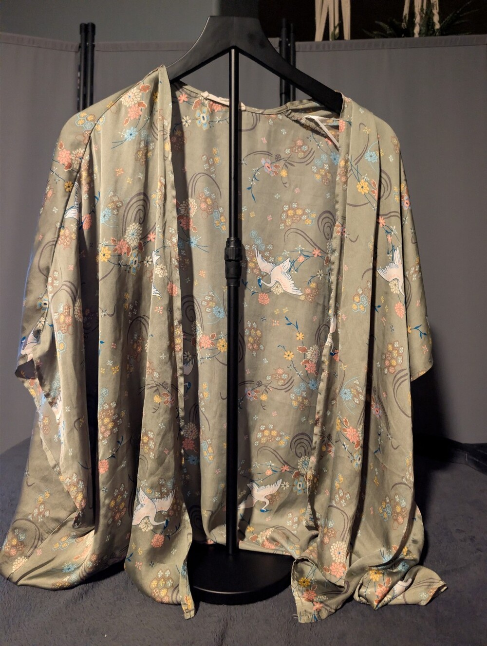 Love Tree Olive Green Floral & Crane Kimono Jacket M Birds Japanese